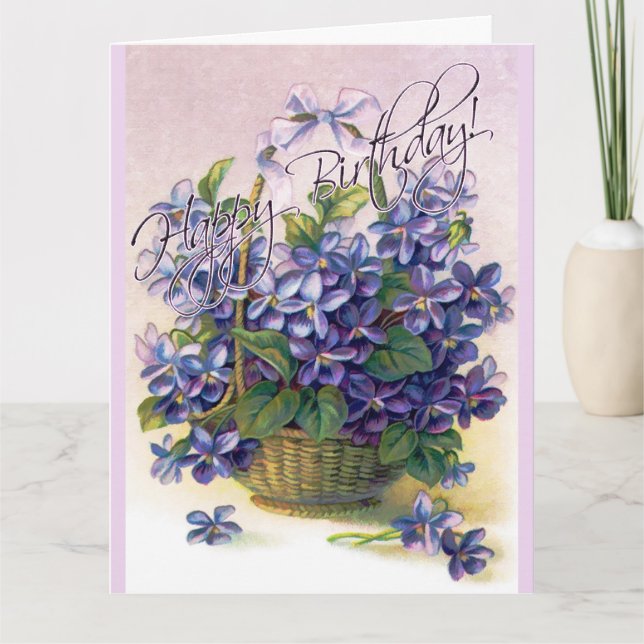 Happy Birthday Violets Flower Basket Card (Front)
