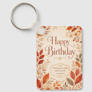 Happy Birthday Warm Autumn Botanical Watercolor Key Ring