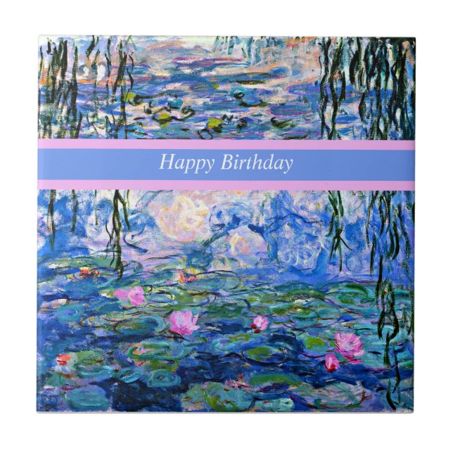 Happy Birthday, water lilies painting, Tile (Front)