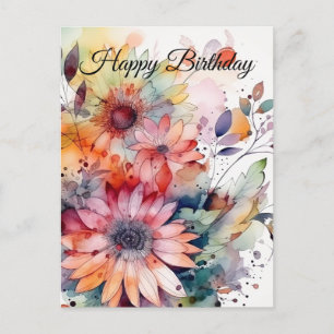 Happy Birthday Watercolor Abstract Flowers Postcard