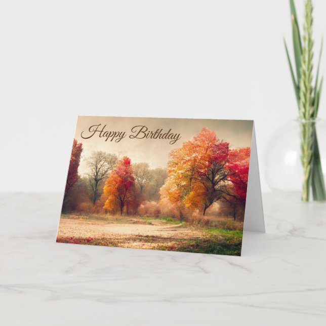 Happy Birthday Watercolor Autumn Forest Landscape Card (Front)