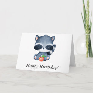 Happy Birthday Watercolor Baby Racoon with Peach Card