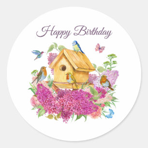 Happy Birthday Watercolor Birdhouse Lilac Flowers  Classic Round Sticker
