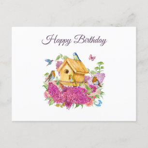 Happy Birthday Watercolor Birdhouse Lilac Flowers  Postcard