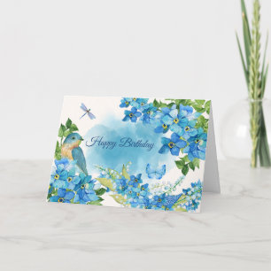Happy Birthday Watercolor Blue Flowers and Bird Card