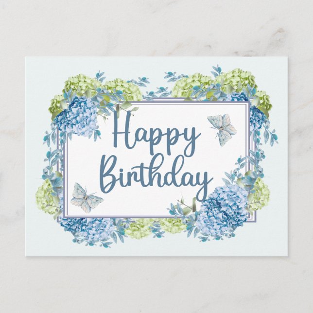 Happy Birthday Watercolor Blue Hydrangea Flowers  Postcard (Front)