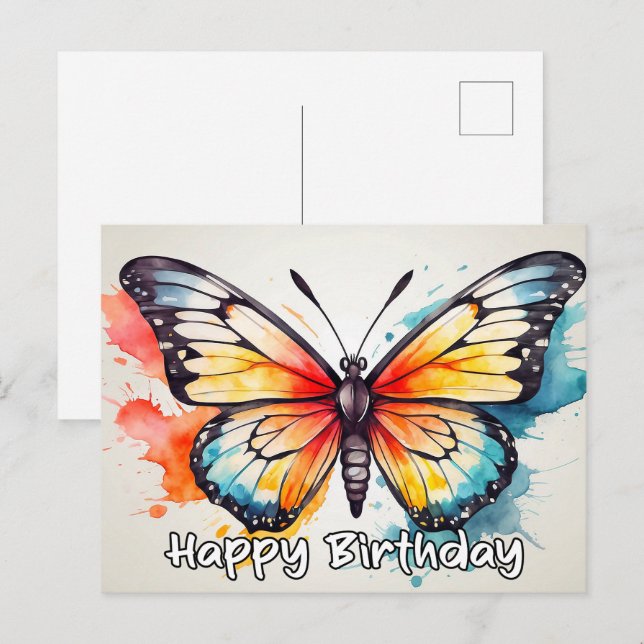 Happy Birthday Watercolor Butterfly Doodle Art Holiday Postcard (Front/Back)