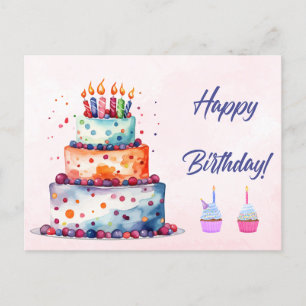Happy Birthday Watercolor Cake with Candles Postcard