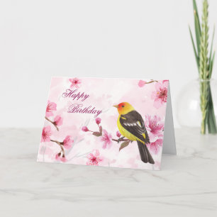 Happy Birthday Watercolor Cherry Blossom & Bird  Card