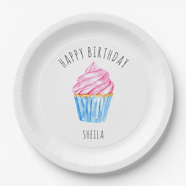 Happy Birthday watercolor cupcake cute pink icing Paper Plate (Front)