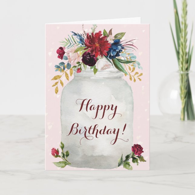 Happy Birthday Watercolor Floral Mason Jar Card (Front)