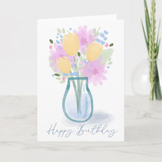 Happy Birthday Watercolor Floral Vase for Mom Card