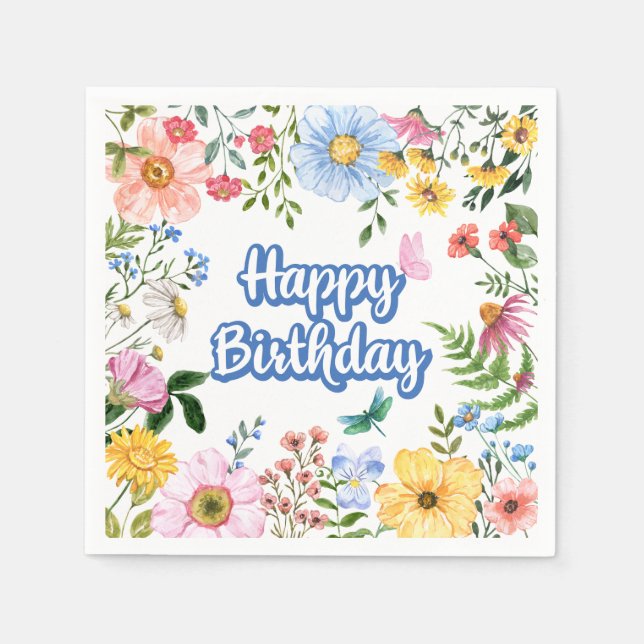 Happy Birthday Watercolor Flowers  Napkin (Front)