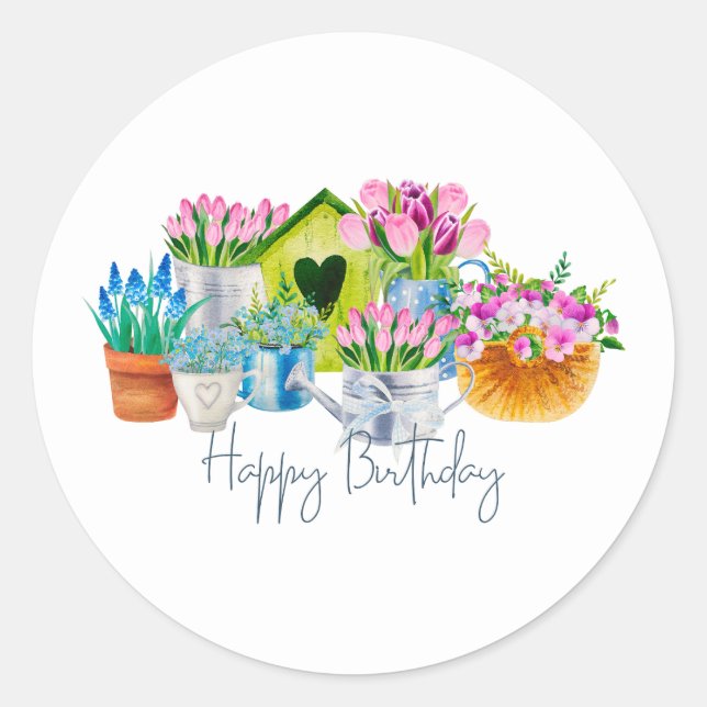 Happy Birthday Watercolor Garden Flowers - Tulips  Classic Round Sticker (Front)