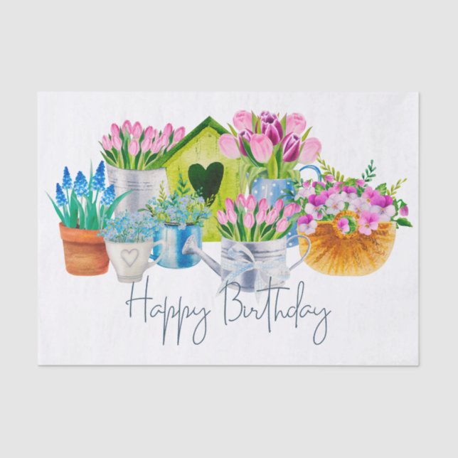 Happy Birthday Watercolor Garden Flowers - Tulips  Tissue Paper (Front)