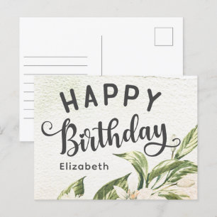 Happy Birthday Watercolor Greenery Floral Elegant Postcard