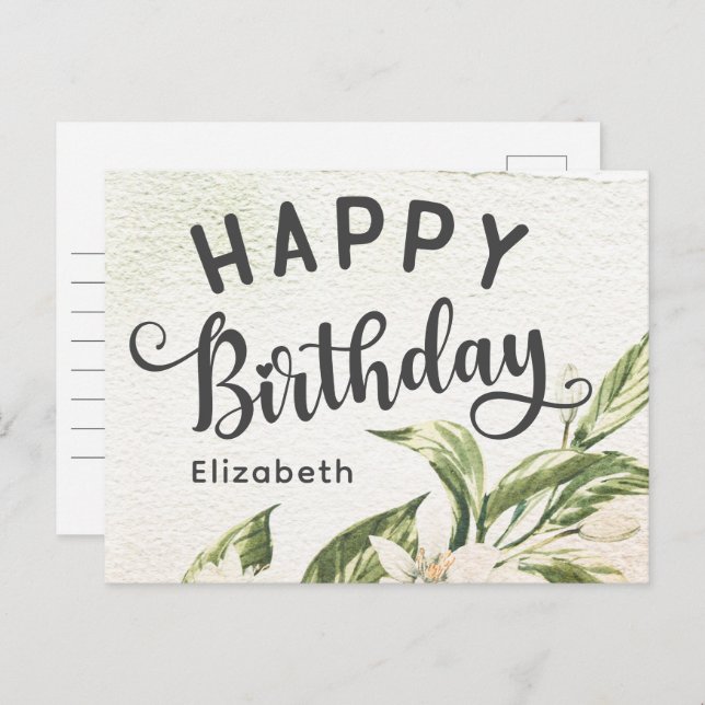 Happy Birthday Watercolor Greenery Floral Elegant Postcard (Front/Back)