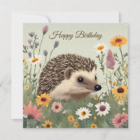 Happy Birthday Watercolor Hedgehog and Flowers 