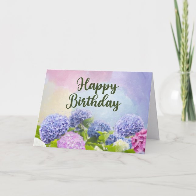 Happy Birthday Watercolor Hydrangea Flowers  Card (Front)