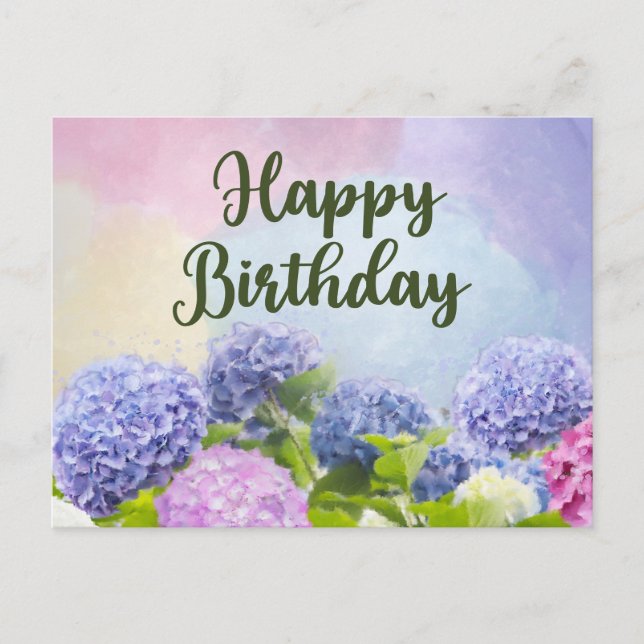 Happy Birthday Watercolor Hydrangea Flowers  Postcard (Front)