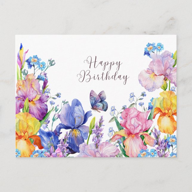 Happy Birthday Watercolor Iris Flowers and Garden Postcard (Front)