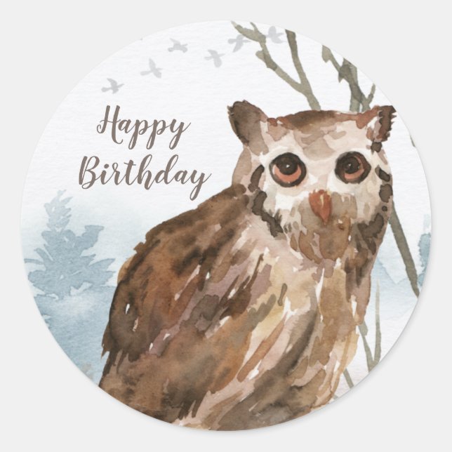 Happy Birthday Watercolor Owl Classic Round Sticker (Front)