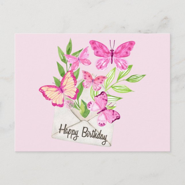 Happy Birthday Watercolor Pink Butterflies, Leaves Holiday Postcard (Front)