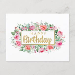 Happy Birthday Watercolor Pink Roses Postcard