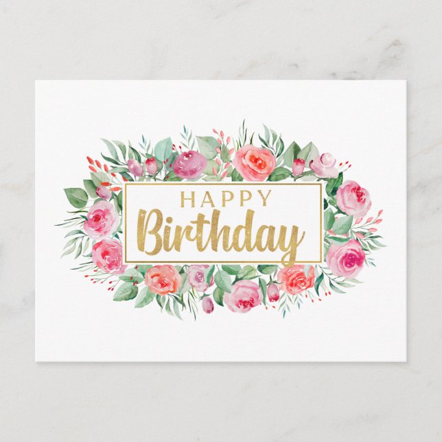 Happy Birthday Watercolor Pink Roses  Postcard (Front)