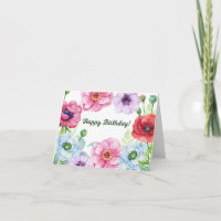 Happy Birthday Watercolor Poppy Flowers