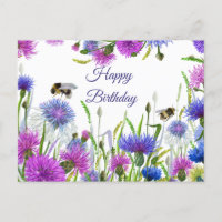 Happy Birthday Watercolor Purple, Blue Cornflowers