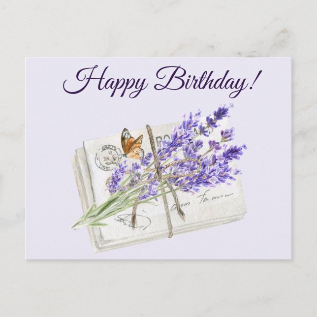 Happy Birthday Watercolor Purple Lavender Flowers Holiday Postcard (Front)