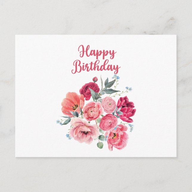Happy Birthday Watercolor Red & Pink Flowers  Postcard (Front)