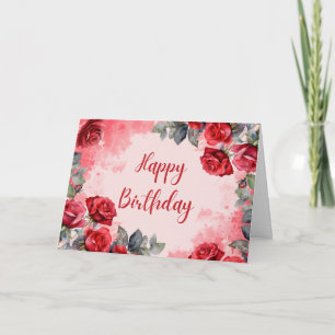 Happy Birthday Watercolor Red Roses  Card