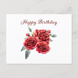 Happy Birthday Watercolor Red Roses  Postcard