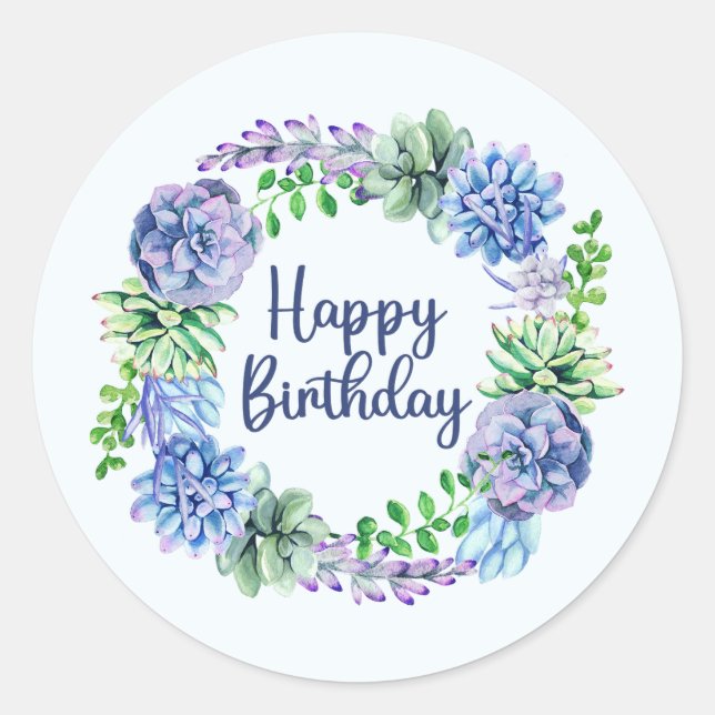 Happy Birthday Watercolor Succulent Plants, Leaves Classic Round Sticker (Front)