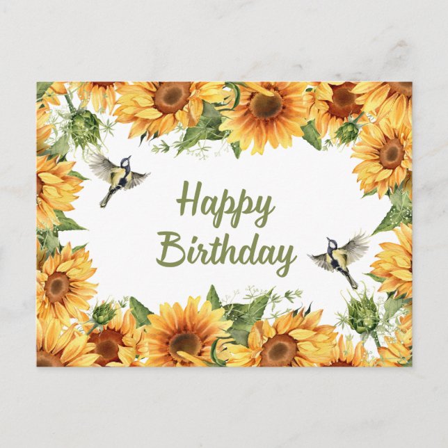 Happy Birthday Watercolor Sunflowers & Birds  Postcard (Front)
