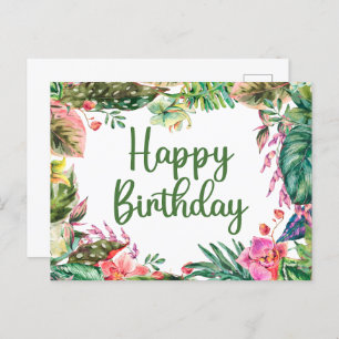 Happy Birthday Watercolor Tropical Leaves, Flowers Postcard