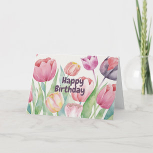 Happy Birthday Watercolor Tulips Abstract Floral Card