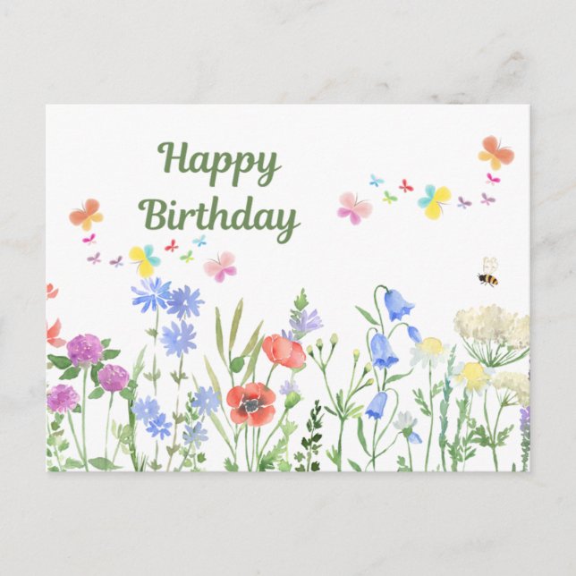 Happy Birthday Watercolor Wildflower Meadow  Postcard (Front)