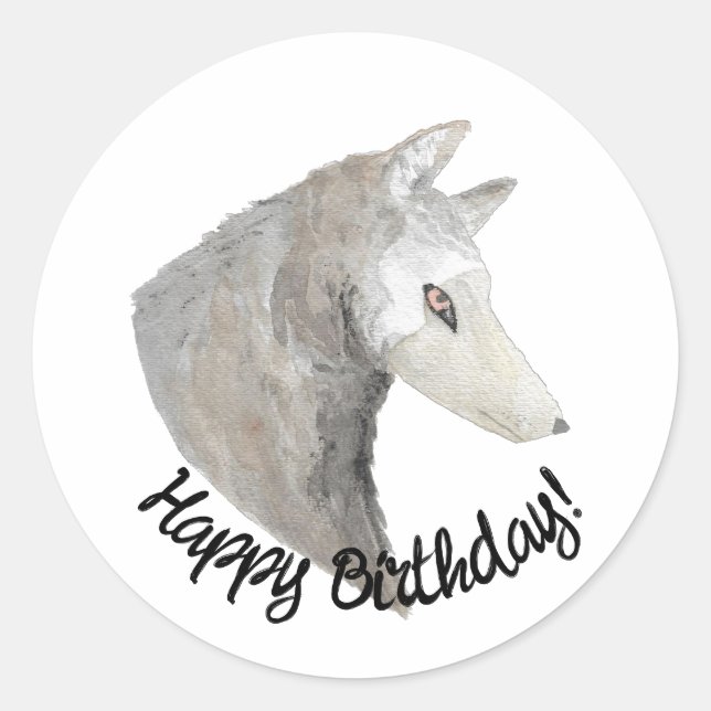 Happy Birthday Watercolor Wolf Classic Round Sticker (Front)