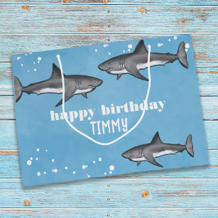 Happy Birthday Whimsical Blue Ocean Sharks Fun  Large Gift Bag