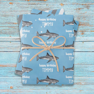 Happy Birthday Whimsical Blue Ocean Sharks Fun Wrapping Paper Sheet