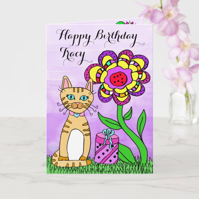 Happy Birthday Whimsical Cat and Flowers Card (Orchid)