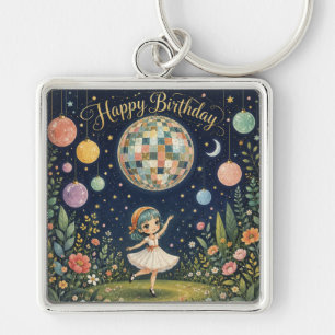Happy Birthday Whimsical Disco Ball Girl Key Ring