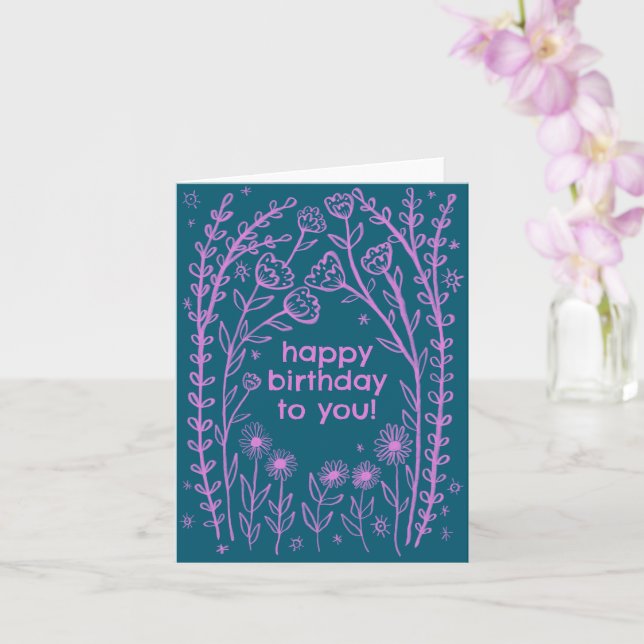 Happy Birthday Whimsical Floral Sketch Doodle  Card (Orchid)