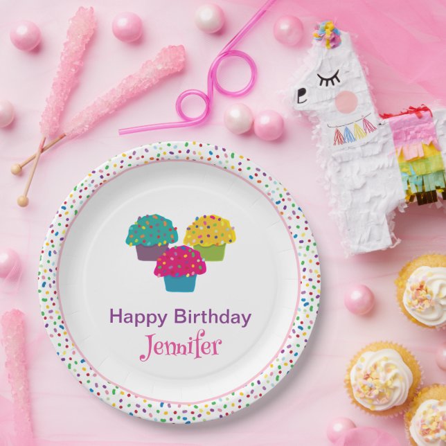 Happy Birthday Whimsical Frosted Cupcake  Paper Plate (Party)