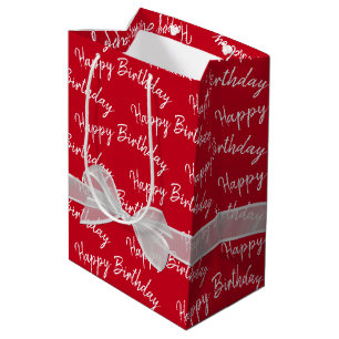 Happy Birthday White Bow On Red Medium Gift Bag