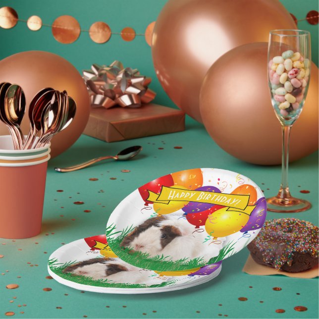 Happy Birthday White Guinea Pig Party Balloons Paper Plate (Multi)