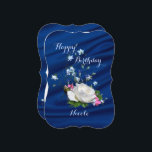 Happy Birthday White Rose, Daughter Custom Name Card<br><div class="desc">White roses, bluebells and pink posies bring a lovely natural touch to happy birthday greeting card for your daughter. The deep blue fabric drape background adds an elegant touch. Custom name on front and back text may be personalised in the template provided. May your life continue to bloom and grow....</div>